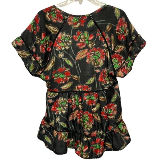 ESLEY Boho Casual‎ Cinch-Waist Floral Top Large Black Multicolor Hi-Lo Baby-Doll - Picture 2 of 13